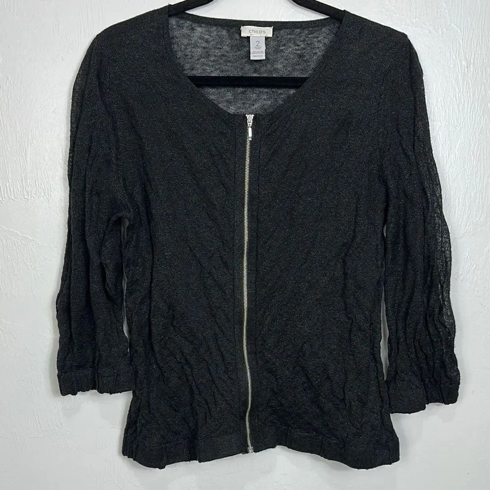 Chico's Cotton Metallic Black 3/4 Sleeve Zip Up Cardigan Size L